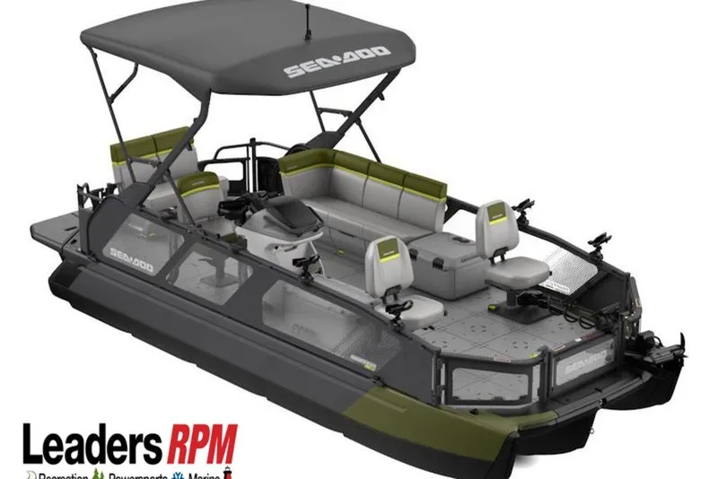 The Image of 2027 Sea-Doo Switch Fish 21 pontoon boat with canopy and seating, displayed by Leaders RPM. - 0