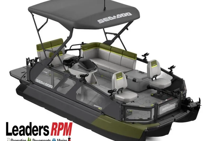 The Image of 2027 Sea-Doo Switch Fish 18 pontoon boat with canopy and seating, displayed by Leaders RPM. - 0