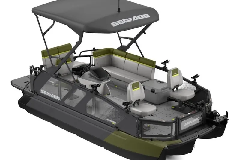 The Image of 2027 Sea-Doo Switch Fish 18 pontoon boat with canopy and seating, designed for fishing. - 2