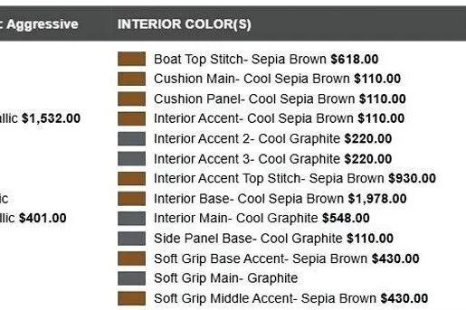 Slide: The Image of 2026 Malibu M230 interior color options and pricing, featuring Sepia Brown and Cool Graphite. - 13