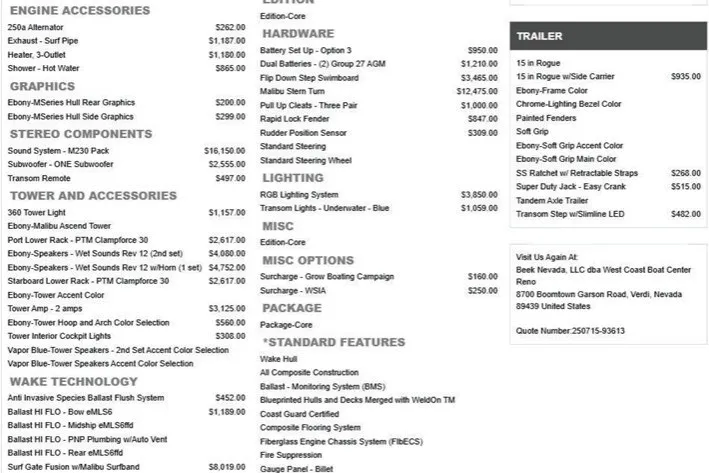 Slide: The Image of 2026 Malibu M230 boat accessories and features list with pricing details. - 14