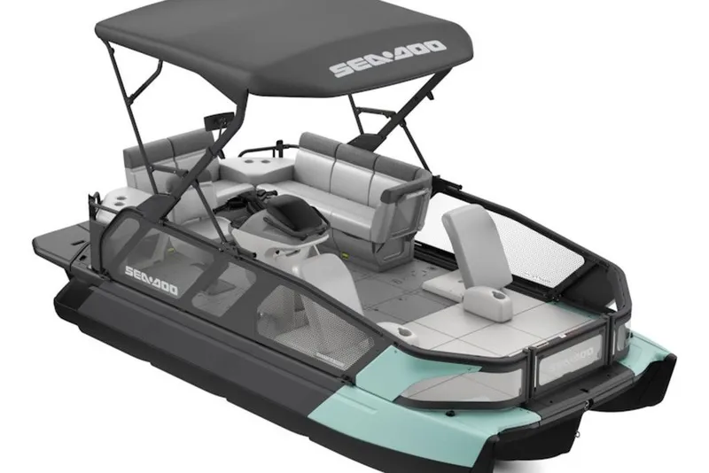 Slide: The Image of 2027 Sea-Doo Switch Sport 18 pontoon boat with canopy and seating arrangement. - 1