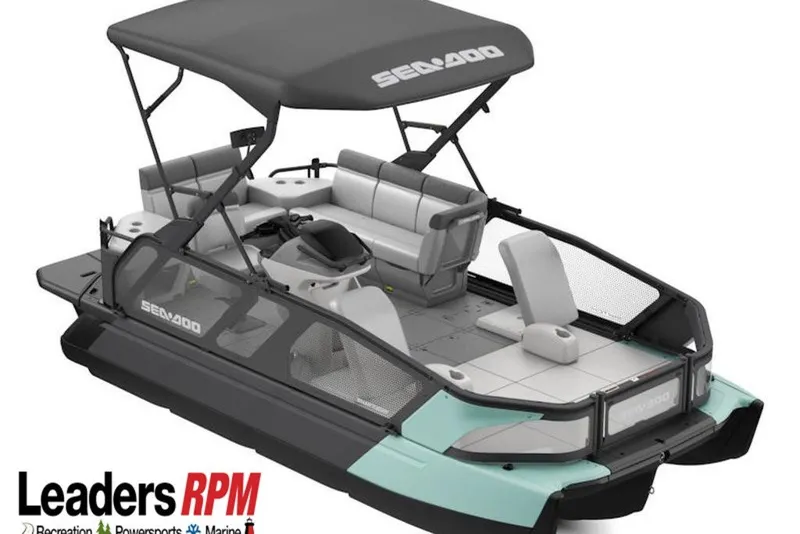 The Image of 2027 Sea-Doo Switch Sport 18 pontoon boat with canopy and seating, displayed by Leaders RPM. - 0