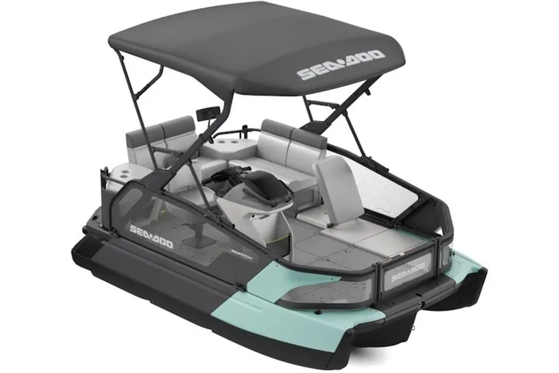 The Image of 2027 Sea-Doo Switch Sport Compact pontoon boat with canopy and seating. - 7