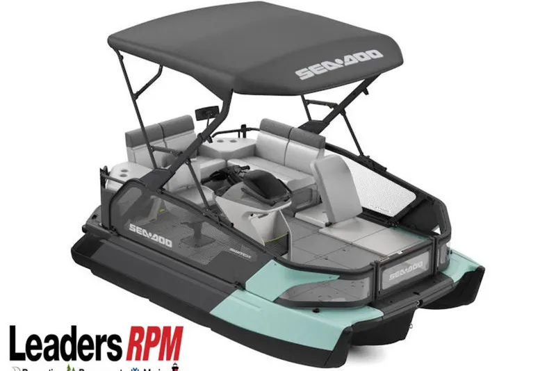 The Image of 2027 Sea-Doo Switch Sport Compact pontoon boat with canopy and seating, displayed by Leaders RPM. - 0