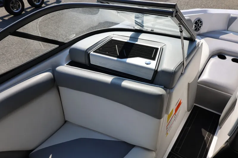 Slide: The Image of 2020 Tigé R20 boat interior with gray seating and windshield. - 32