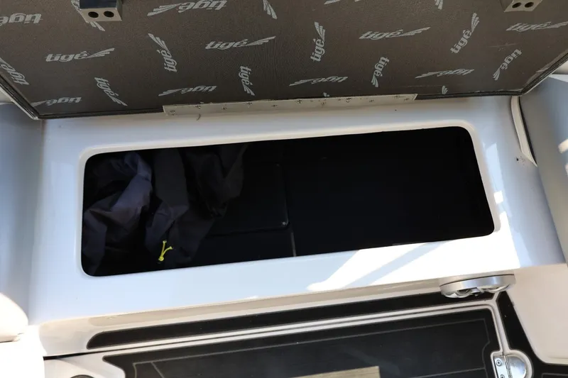 Slide: The Image of Open storage compartment in a 2020 Tigé R20 boat, featuring branded interior lining. - 29