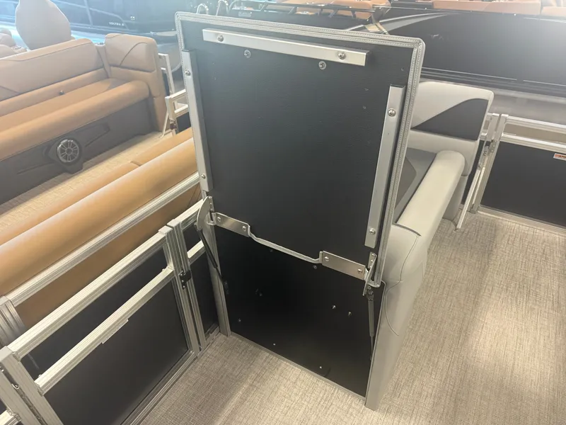 Slide: The Image of Interior view of a modern boat with cushioned seating and metal framing. - 27
