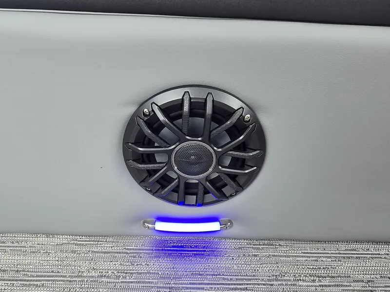 Slide: The Image of Speaker with blue LED light on a gray background in the Starcraft EXS 3 Q DH boat. - 28