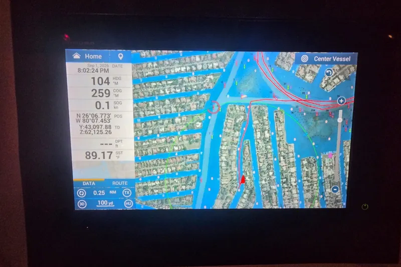 Slide: The Image of Navigation screen on a 1984 Bertram 54 Convertible, displaying detailed marine map. - 86