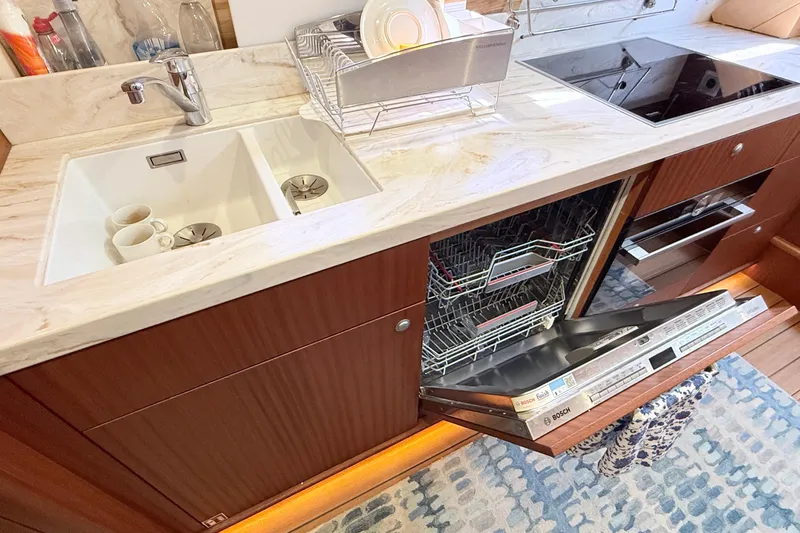 Slide: The Image of Modern kitchen in 2021 Elling E6 yacht with dishwasher and marble countertop. - 51