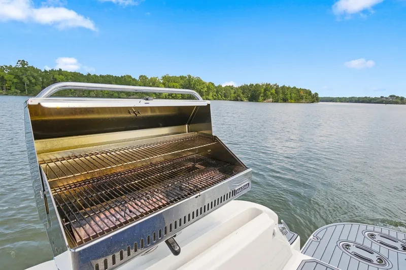 Slide: The Image of Outdoor grill on 2003 Sea Ray 450 Express Bridge, overlooking serene lake and lush greenery. - 23