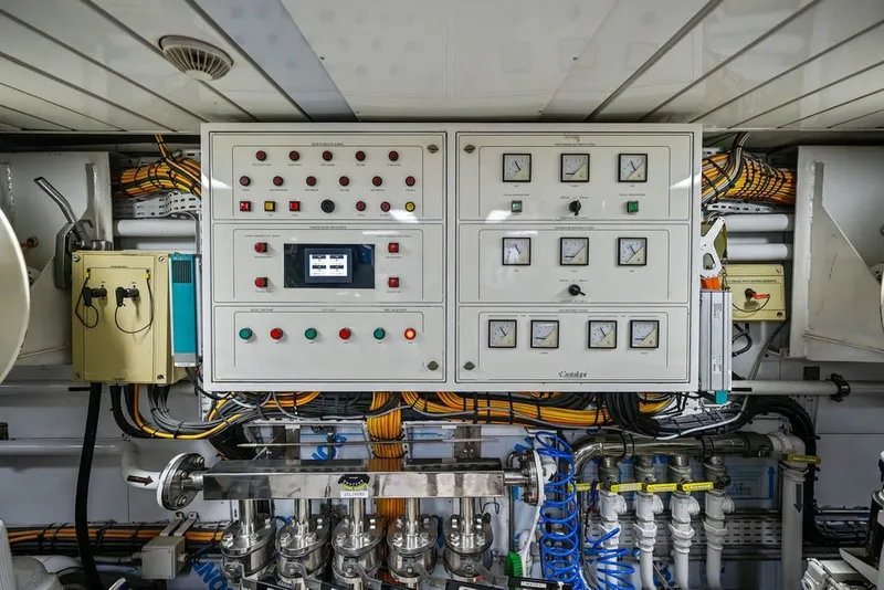 Slide: The Image of Control panel in the engine room of a 2007 Benetti 120 Classic yacht. - 159