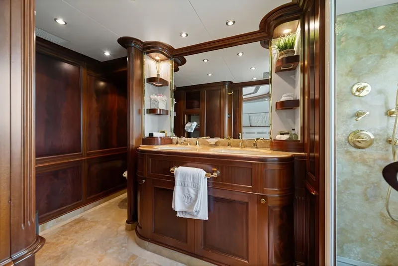 Slide: The Image of Luxurious bathroom interior on 2007 Benetti 120 Classic yacht with elegant wood finishes. - 109