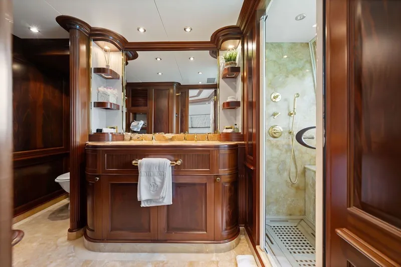 Slide: The Image of Luxurious wooden bathroom interior on a 2007 Benetti 120 Classic yacht. - 107