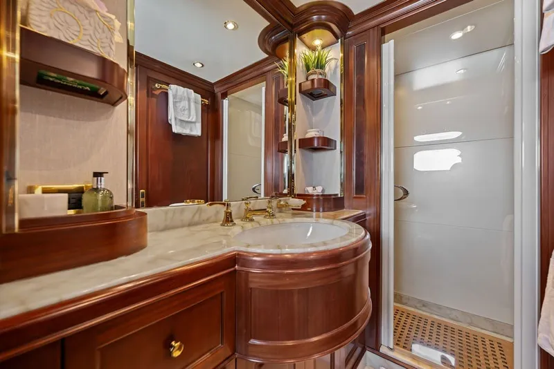 Slide: The Image of Luxurious bathroom on 2007 Benetti 120 Classic yacht with elegant wood and marble finishes. - 128