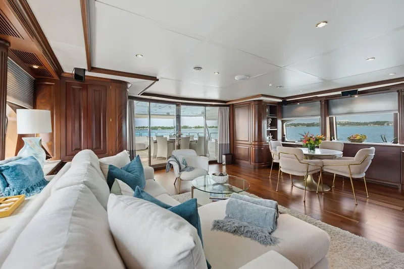 Slide: The Image of Luxurious interior of a 2007 Benetti 120 Classic yacht with elegant furnishings and ocean views. - 77