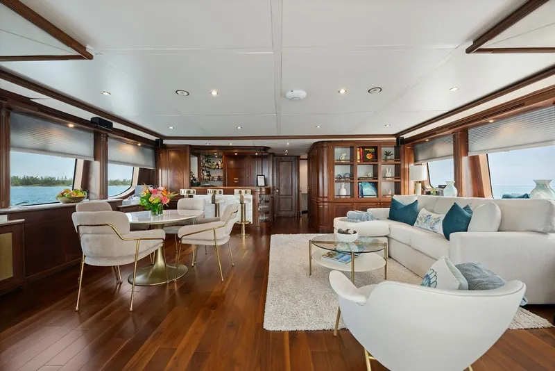 Slide: The Image of Luxurious interior of 2007 Benetti 120 Classic yacht with elegant furnishings and panoramic windows. - 86