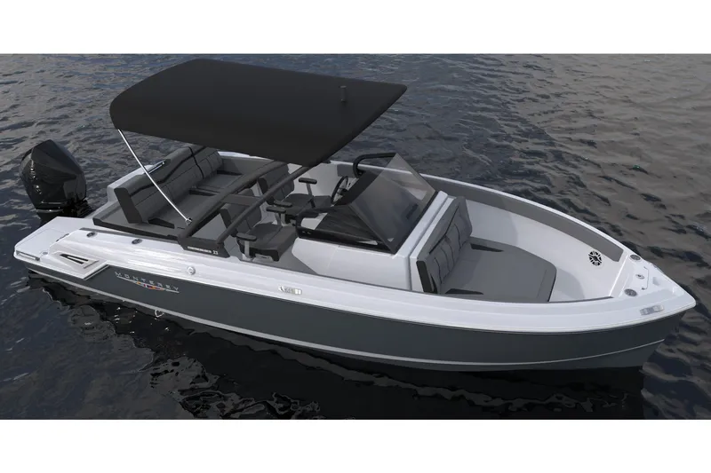Slide: The Image of Manufacturer Provided Image: 2027 Monterey Elite 23 OB boat with sleek design and black canopy on water. - 3