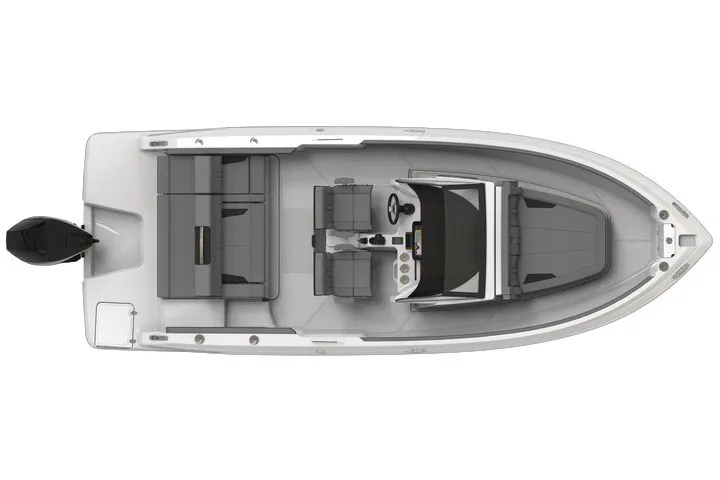 Slide: The Image of Manufacturer Provided Image: Top view of 2027 Monterey Elite 23 OB boat layout with seating and controls. - 9