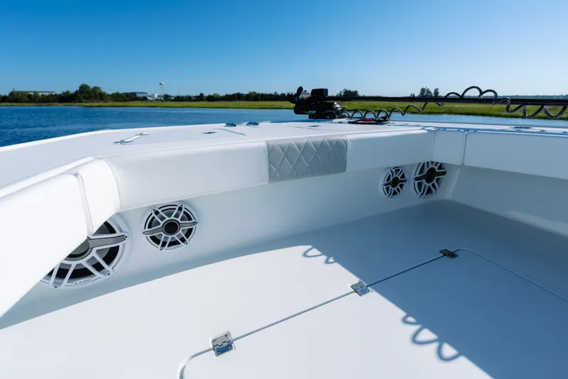 Slide: The Image of 2023 Freeman 34VH boat interior with speakers, on a sunny day by the water. - 13
