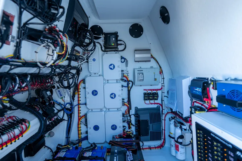 Slide: The Image of Electrical system inside a 2023 Freeman 34VH boat, featuring wiring and control panels. - 22