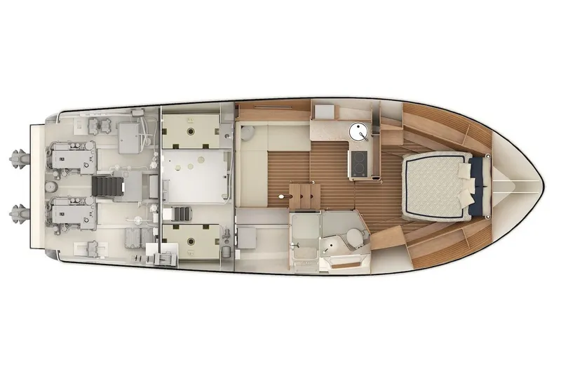 Slide: The Image of Manufacturer Provided Image: Top view layout of 2027 Sabre 38 Salon Express yacht interior, showcasing cabin and engine room. - 20