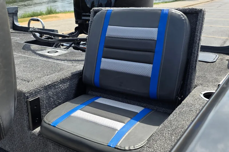 Slide: The Image of 2021 Ranger VS1882 WT boat seat with blue and gray accents. - 19