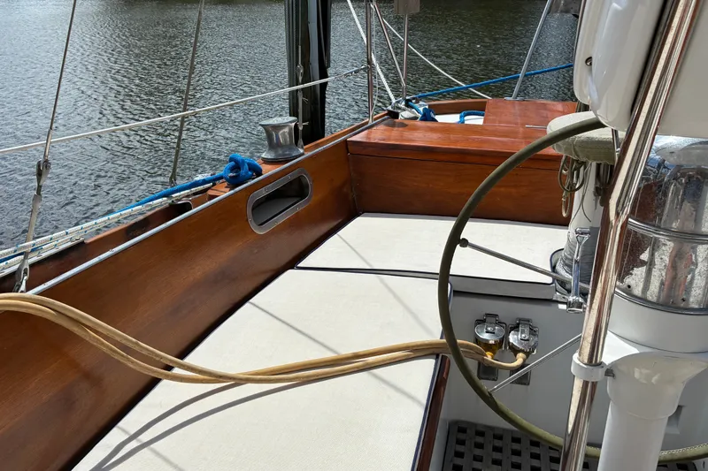 Slide: The Image of Hinckley Bermuda 40 MKIII sailboat cockpit with wooden details, 1966 model. - 63