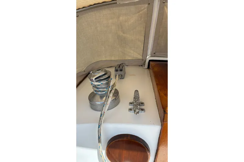 Slide: The Image of Hinckley Bermuda 40 MKIII sailboat deck with winch and cleat, 1966 model. - 71
