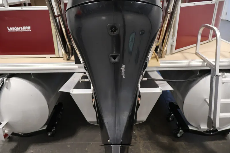 Slide: The Image of 2011 Sylvan Mirage 8520 pontoon boat with outboard motor, rear view. - 42