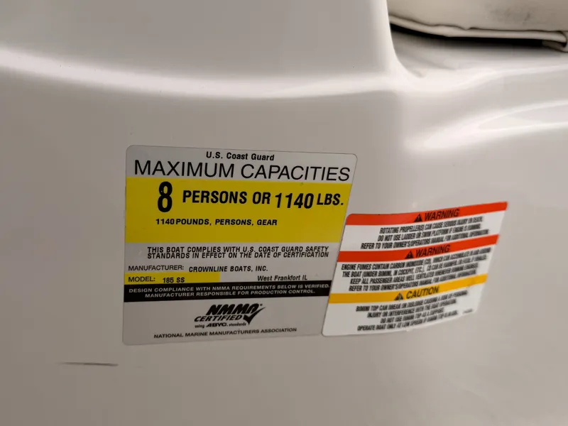 Slide: The Image of Label on a boat showing capacity information for 8 persons or 1140 pounds. - 41