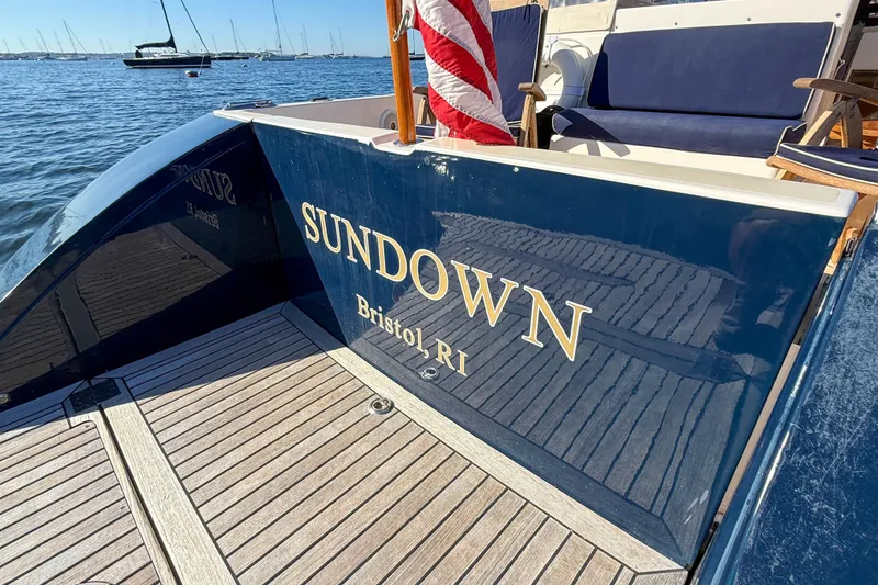 Slide: The Image of True North 34 boat named "Sundown" docked in Bristol, RI, 2008 model. - 39