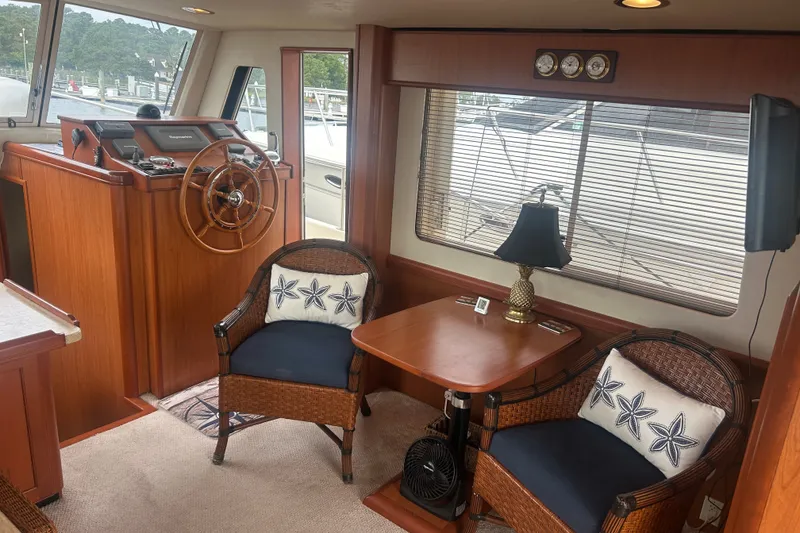 Slide: The Image of Interior of 2008 Mainship 34 Trawler with helm, seating, and nautical decor. - 7