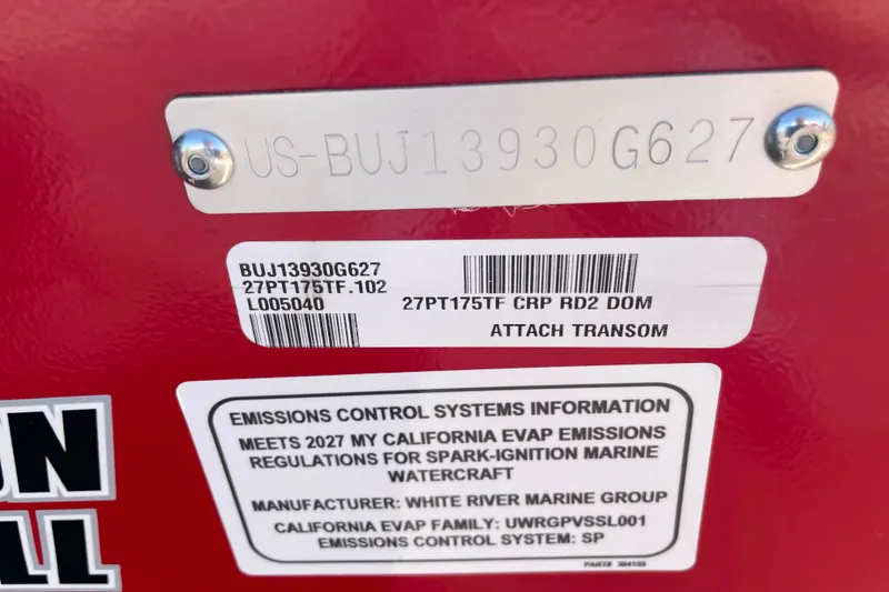 The Image of 2027 Tracker Pro Team 175 Crappie Edition emissions control label and serial number plate. - 0