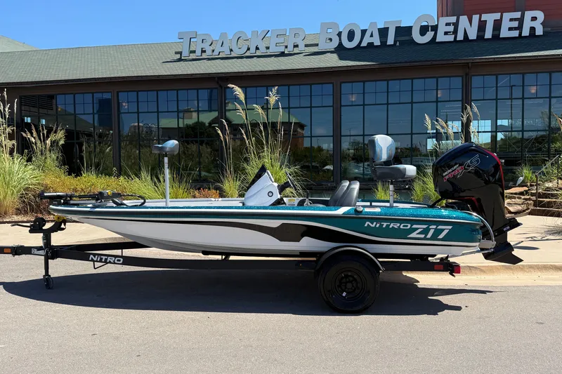 The Image of 2027 Nitro Z17 boat displayed outside Tracker Boat Center. - 0