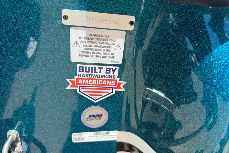 Slide: The Image of Sticker on Nitro Z17 boat, 2027 model, with "Built by Hardworking Americans" label. - 14