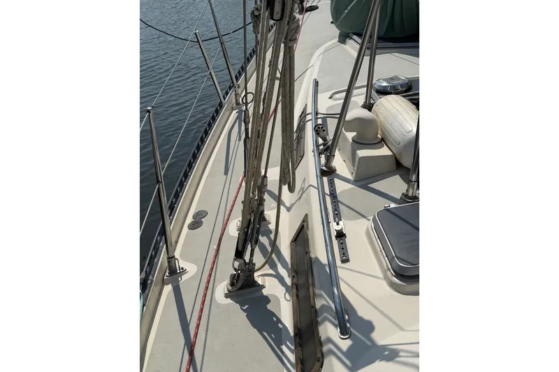 Slide: The Image of 1984 Tayana Aft Cockpit sailboat deck with rigging and seating. - 7