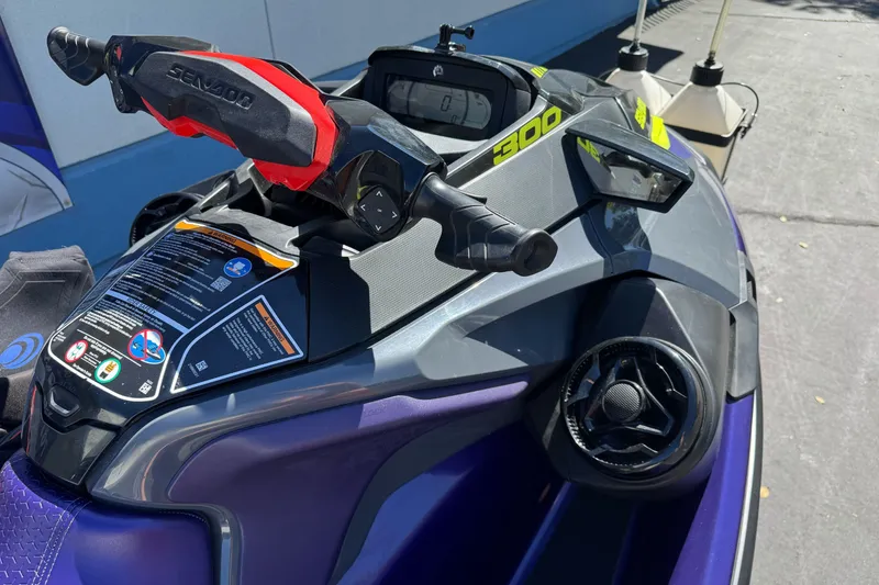 Slide: The Image of 2021 Sea-Doo RXT-X 300 jet ski, close-up of handlebars and dashboard controls. - 14