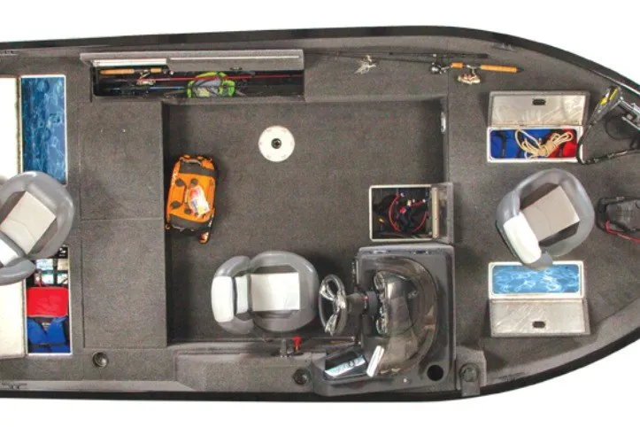 Slide: The Image of Top view of 2027 LOWE BOATS FM 1675 SC interior layout with seating and storage compartments. - 3
