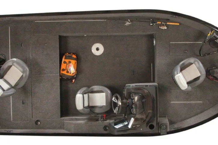 Slide: The Image of 2027 LOWE BOATS FM 1675 SC interior, featuring seating and steering console, top view. - 2
