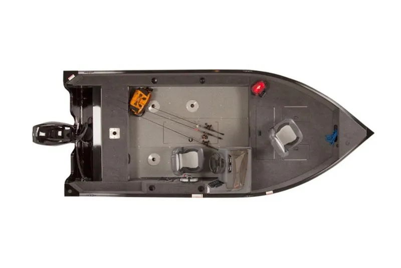 Slide: The Image of 2027 Lowe Fishing Machine 1625SC, top view, showcasing seating and fishing gear layout. - 2