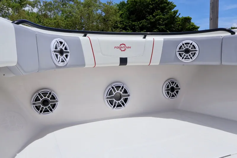Slide: The Image of 2023 Fountain 34 Tournament Edition boat speakers and seating detail. - 11