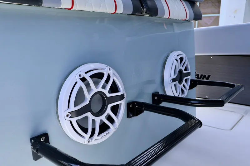 Slide: The Image of 2023 Fountain 34 Tournament Edition boat speakers and seating detail. - 8