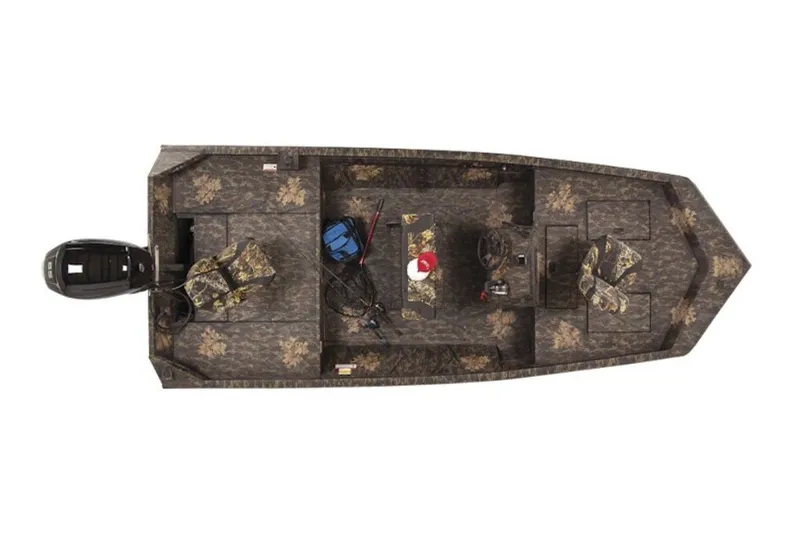 Slide: The Image of Top view of 2027 Lowe Roughneck RX1760 Pathfinder boat with camouflage design. - 2