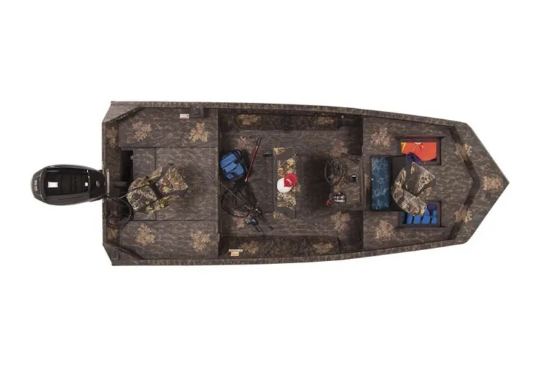 Slide: The Image of Top view of 2027 Lowe Roughneck RX1760 Pathfinder boat with camouflage design. - 6