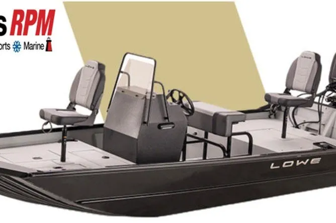 The Image of 2027 Lowe Roughneck RX1760 Pathfinder boat with seating and steering console, displayed in a showroom. - 0
