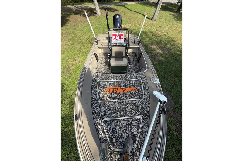 Slide: The Image of 2025 Mako 18 Pro Skiff Backwater Edition boat for sale, parked on grass. - 7