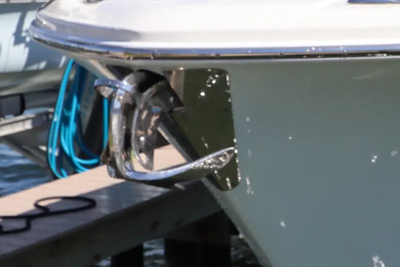 Slide: The Image of Close-up of 2021 Edgewater 370CC boat anchor at dockside. - 47