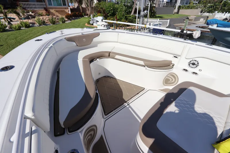 Slide: The Image of Interior view of 2021 Edgewater 370CC boat with cushioned seating and modern design. - 42